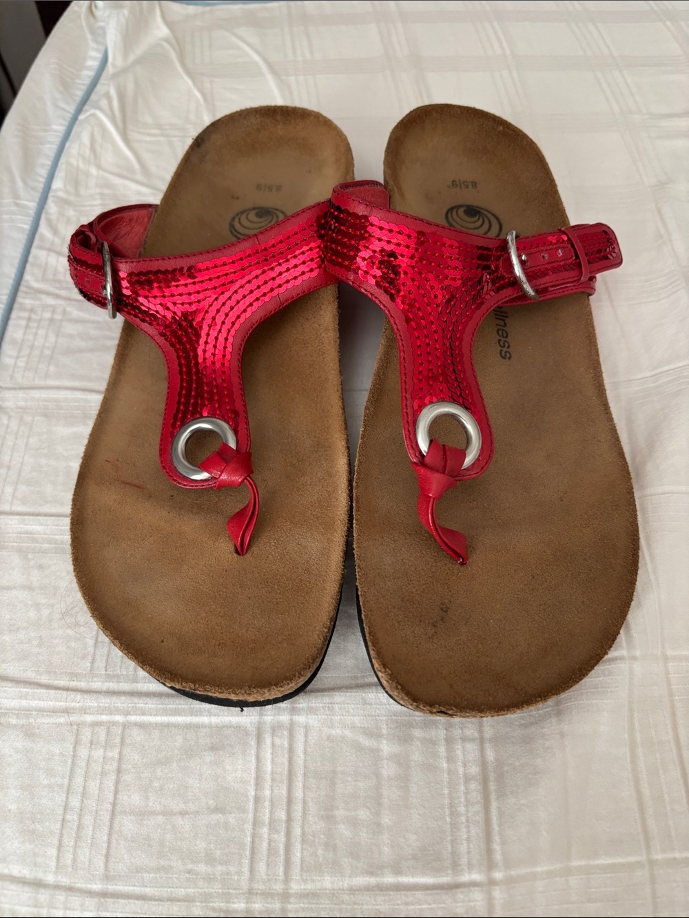 Women's Red Sequin Thong Sandals with Adjustable Buckle
